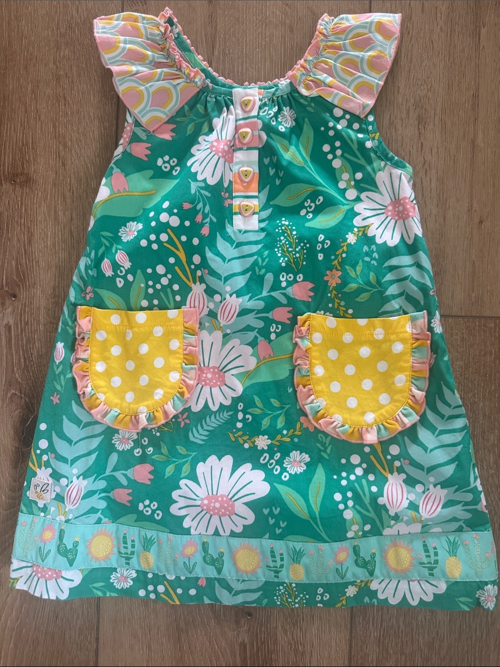 Wildflowers Green Floral Dress with Yellow Polka Dot Pockets